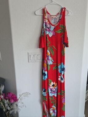 ODDY Red Floral Maxi Dress with Blue & Green Accents